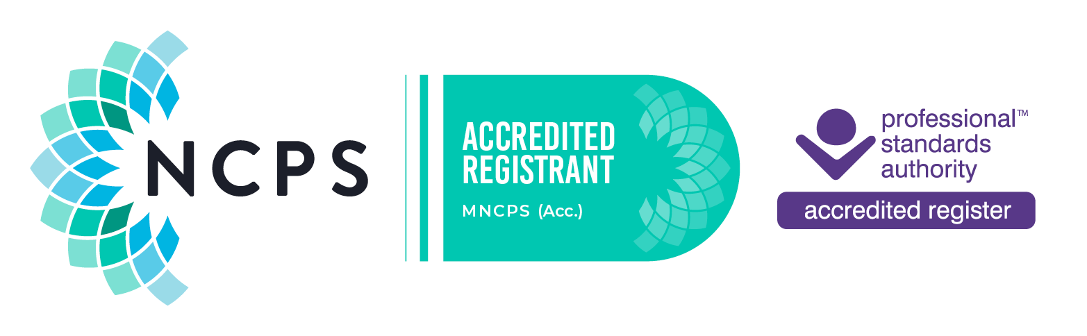NCPS Accredited Registrant badge indicating professional counselling accreditation.